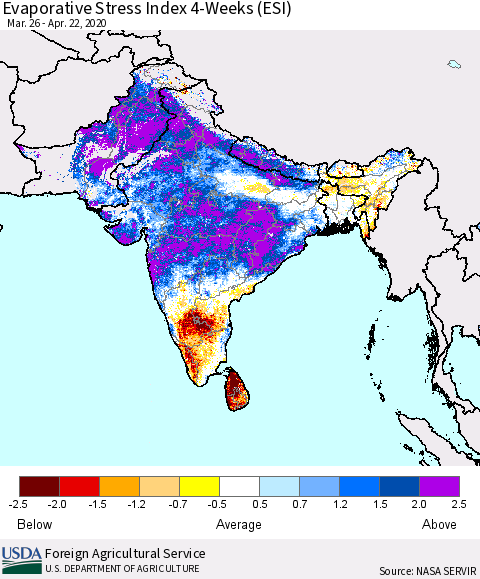 Southern Asia Evaporative Stress Index 4-Weeks (ESI) Thematic Map For 4/20/2020 - 4/26/2020