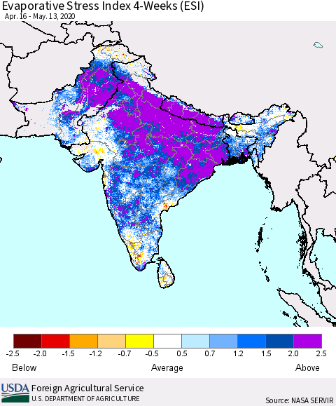 Southern Asia Evaporative Stress Index (ESI), 4-Weeks Thematic Map For 5/11/2020 - 5/17/2020