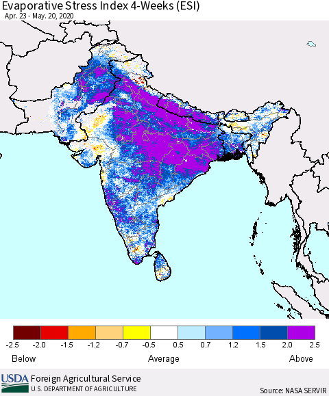 Southern Asia Evaporative Stress Index (ESI), 4-Weeks Thematic Map For 5/18/2020 - 5/24/2020