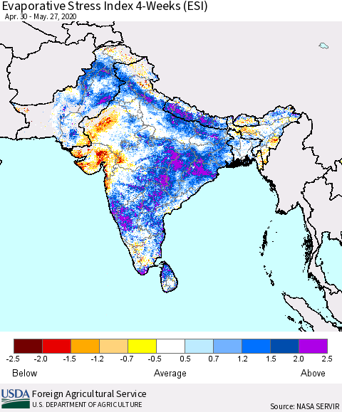 Southern Asia Evaporative Stress Index (ESI), 4-Weeks Thematic Map For 5/25/2020 - 5/31/2020