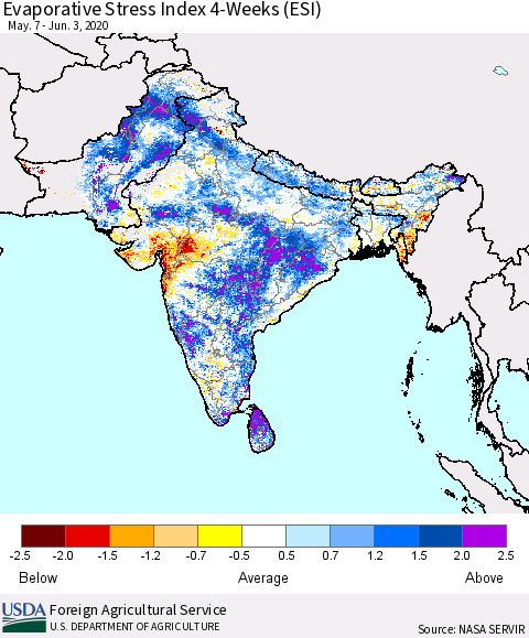 Southern Asia Evaporative Stress Index (ESI), 4-Weeks Thematic Map For 6/1/2020 - 6/7/2020