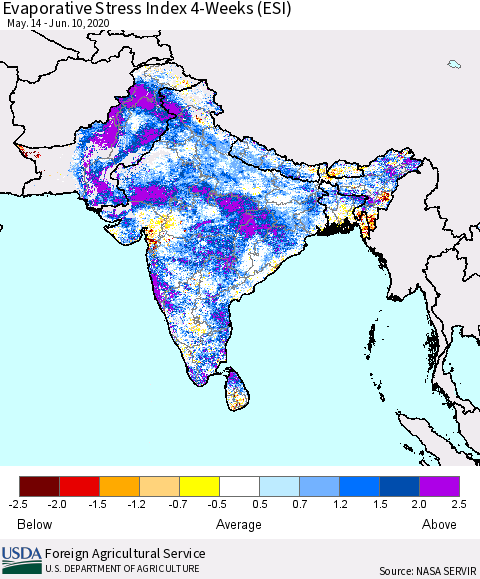 Southern Asia Evaporative Stress Index (ESI), 4-Weeks Thematic Map For 6/8/2020 - 6/14/2020