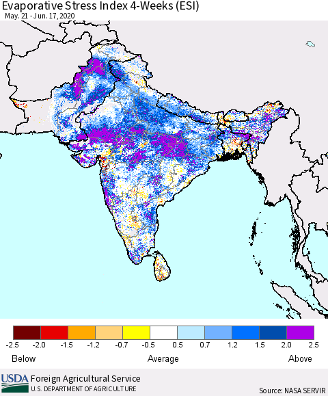 Southern Asia Evaporative Stress Index (ESI), 4-Weeks Thematic Map For 6/15/2020 - 6/21/2020