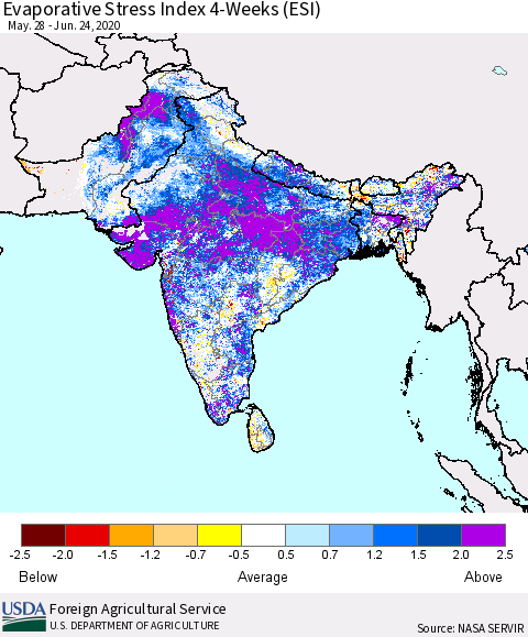 Southern Asia Evaporative Stress Index (ESI), 4-Weeks Thematic Map For 6/22/2020 - 6/28/2020