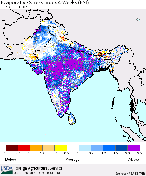 Southern Asia Evaporative Stress Index (ESI), 4-Weeks Thematic Map For 6/29/2020 - 7/5/2020