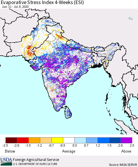 Southern Asia Evaporative Stress Index (ESI), 4-Weeks Thematic Map For 7/6/2020 - 7/12/2020