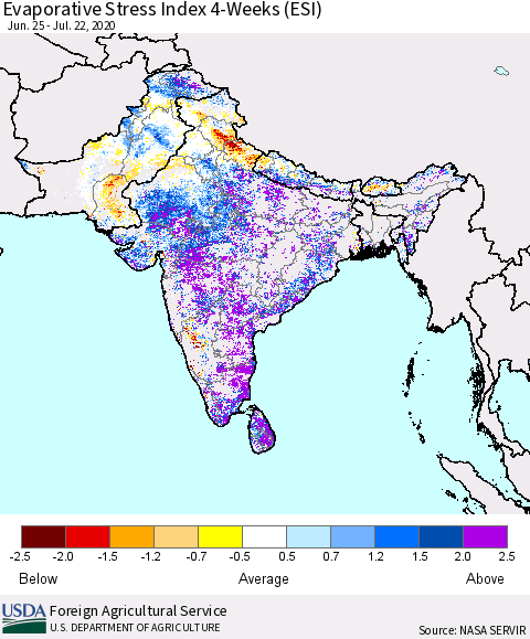 Southern Asia Evaporative Stress Index (ESI), 4-Weeks Thematic Map For 7/20/2020 - 7/26/2020