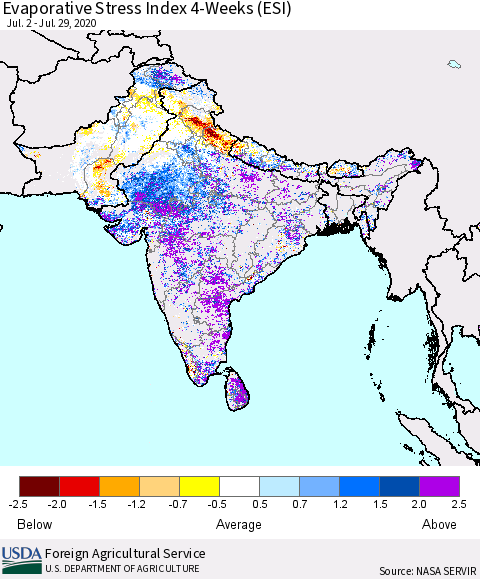 Southern Asia Evaporative Stress Index (ESI), 4-Weeks Thematic Map For 7/27/2020 - 8/2/2020
