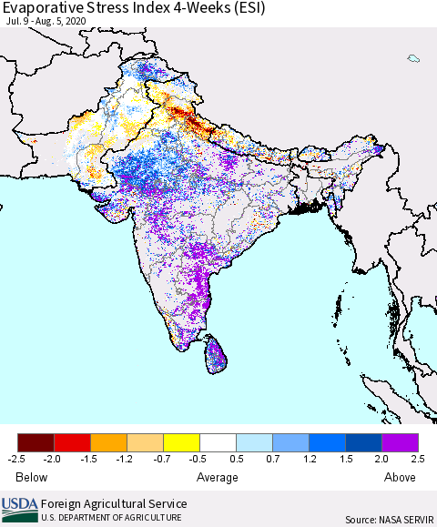 Southern Asia Evaporative Stress Index (ESI), 4-Weeks Thematic Map For 8/3/2020 - 8/9/2020