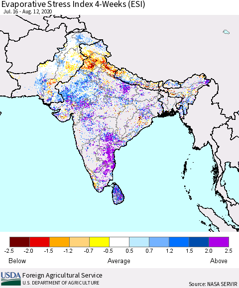 Southern Asia Evaporative Stress Index (ESI), 4-Weeks Thematic Map For 8/10/2020 - 8/16/2020