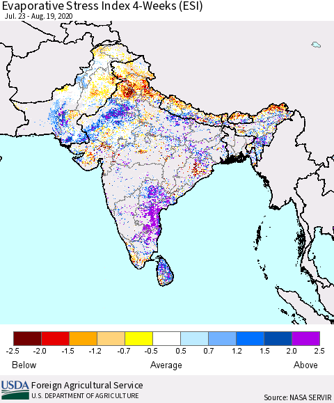 Southern Asia Evaporative Stress Index (ESI), 4-Weeks Thematic Map For 8/17/2020 - 8/23/2020