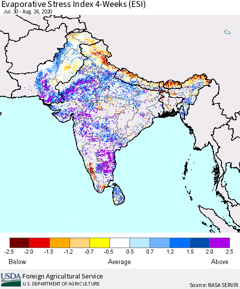 Southern Asia Evaporative Stress Index (ESI), 4-Weeks Thematic Map For 8/24/2020 - 8/30/2020