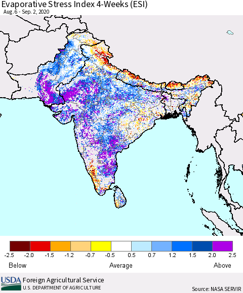 Southern Asia Evaporative Stress Index (ESI), 4-Weeks Thematic Map For 8/31/2020 - 9/6/2020
