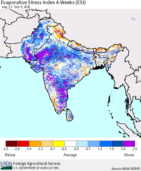 Southern Asia Evaporative Stress Index (ESI), 4-Weeks Thematic Map For 9/7/2020 - 9/13/2020