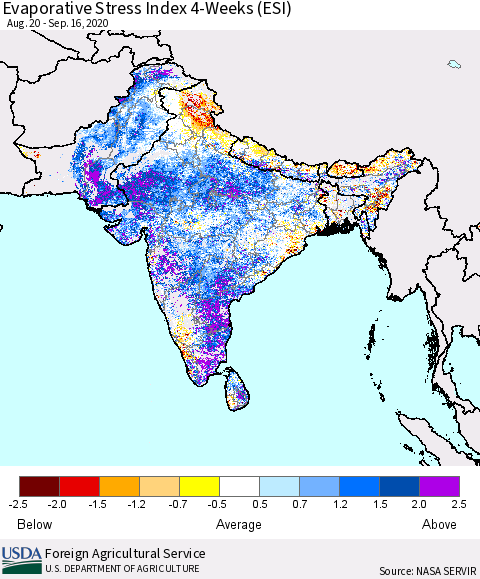 Southern Asia Evaporative Stress Index (ESI), 4-Weeks Thematic Map For 9/14/2020 - 9/20/2020