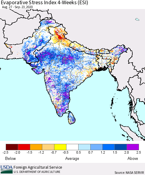 Southern Asia Evaporative Stress Index (ESI), 4-Weeks Thematic Map For 9/21/2020 - 9/27/2020