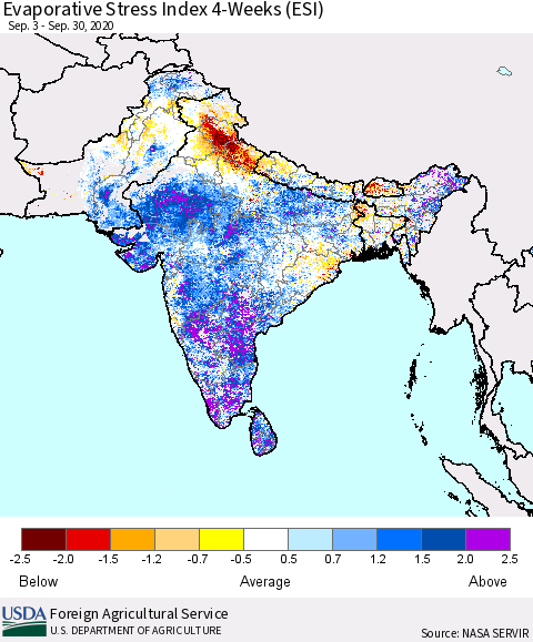 Southern Asia Evaporative Stress Index (ESI), 4-Weeks Thematic Map For 9/28/2020 - 10/4/2020