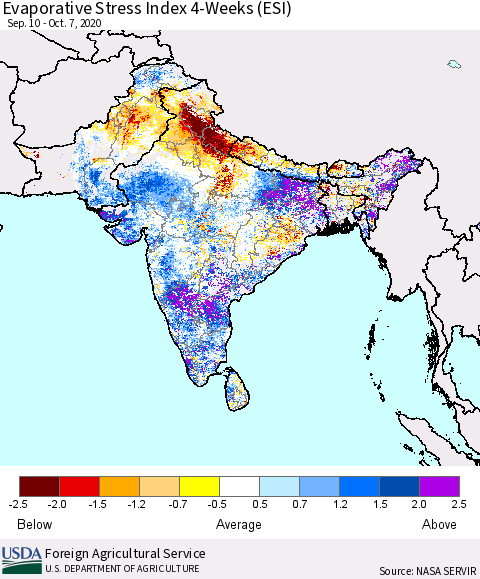 Southern Asia Evaporative Stress Index (ESI), 4-Weeks Thematic Map For 10/5/2020 - 10/11/2020