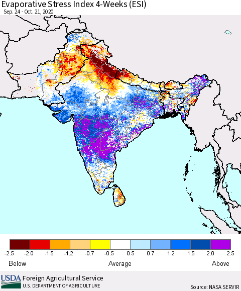 Southern Asia Evaporative Stress Index 4-Weeks (ESI) Thematic Map For 10/19/2020 - 10/25/2020