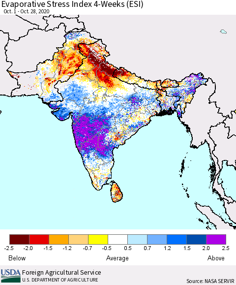 Southern Asia Evaporative Stress Index (ESI), 4-Weeks Thematic Map For 10/26/2020 - 11/1/2020