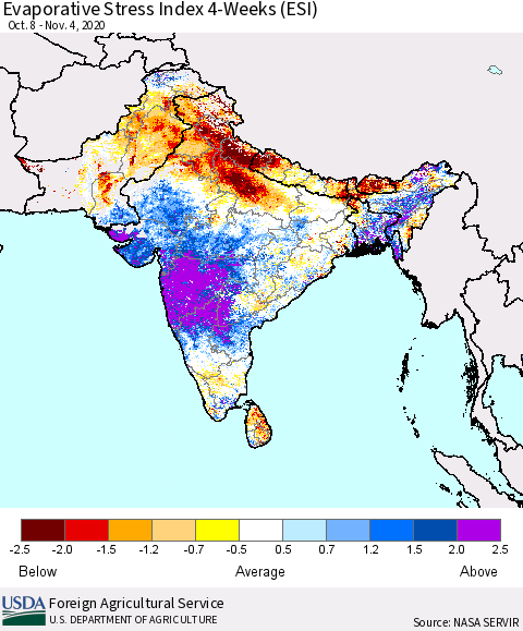 Southern Asia Evaporative Stress Index (ESI), 4-Weeks Thematic Map For 11/2/2020 - 11/8/2020