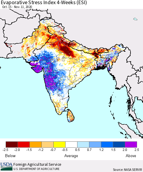 Southern Asia Evaporative Stress Index (ESI), 4-Weeks Thematic Map For 11/9/2020 - 11/15/2020