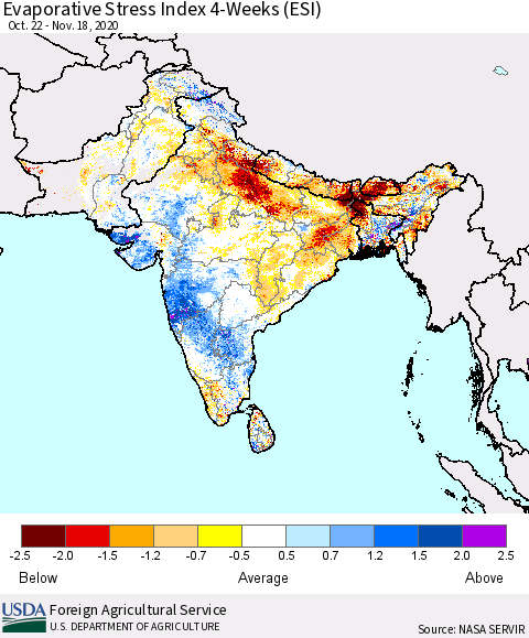 Southern Asia Evaporative Stress Index 4-Weeks (ESI) Thematic Map For 11/16/2020 - 11/22/2020