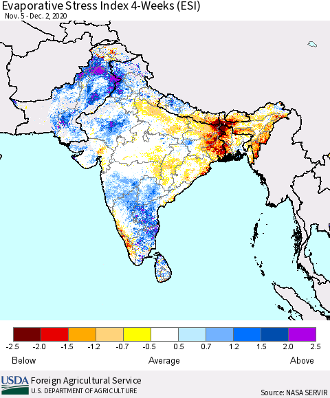 Southern Asia Evaporative Stress Index 4-Weeks (ESI) Thematic Map For 11/30/2020 - 12/6/2020