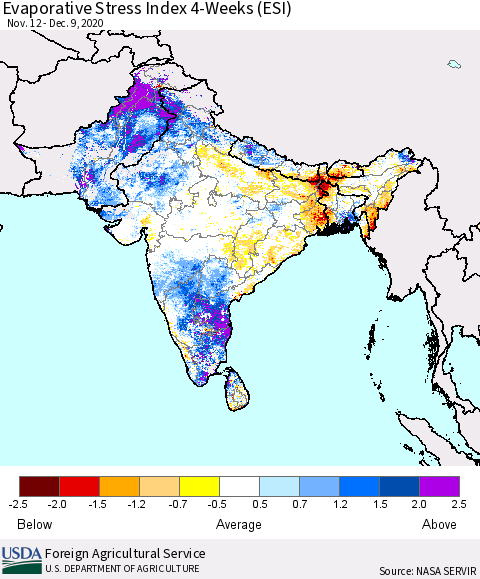 Southern Asia Evaporative Stress Index (ESI), 4-Weeks Thematic Map For 12/7/2020 - 12/13/2020
