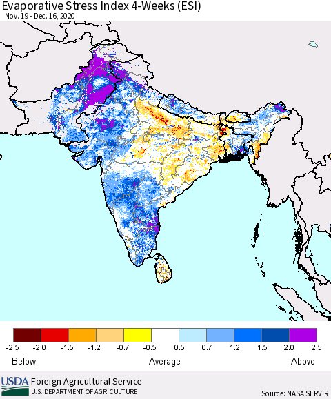 Southern Asia Evaporative Stress Index (ESI), 4-Weeks Thematic Map For 12/14/2020 - 12/20/2020