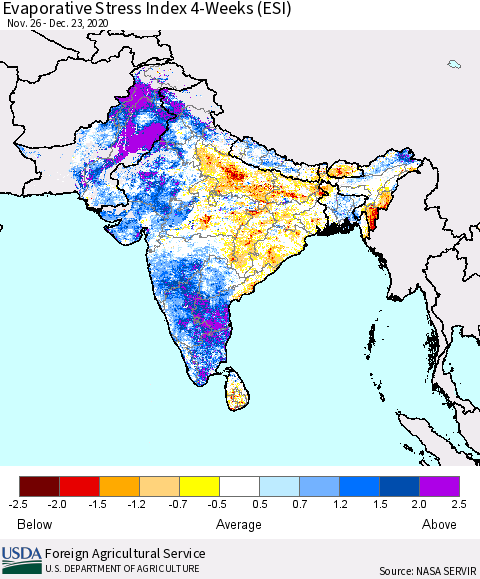 Southern Asia Evaporative Stress Index (ESI), 4-Weeks Thematic Map For 12/21/2020 - 12/27/2020