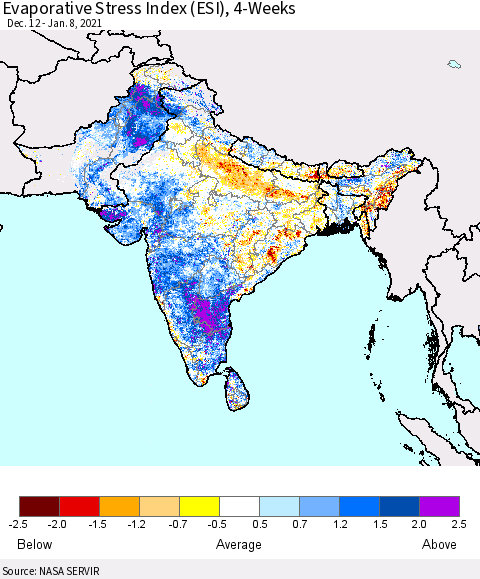 Southern Asia Evaporative Stress Index (ESI), 4-Weeks Thematic Map For 1/4/2021 - 1/10/2021