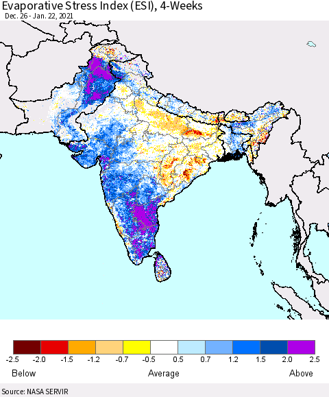 Southern Asia Evaporative Stress Index 4-Weeks (ESI) Thematic Map For 1/18/2021 - 1/24/2021
