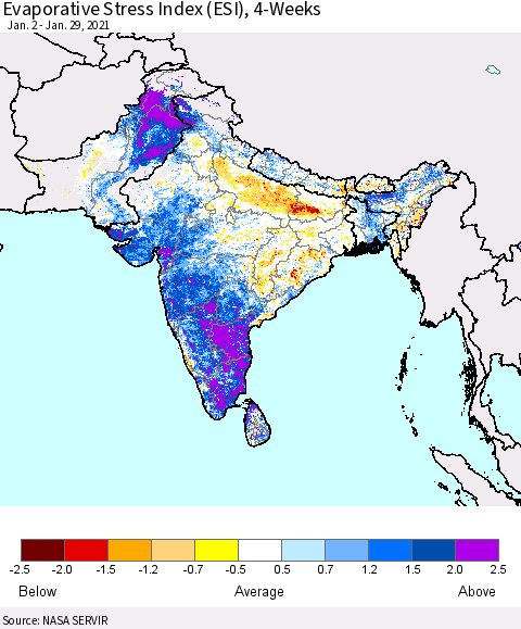 Southern Asia Evaporative Stress Index 4-Weeks (ESI) Thematic Map For 1/25/2021 - 1/31/2021