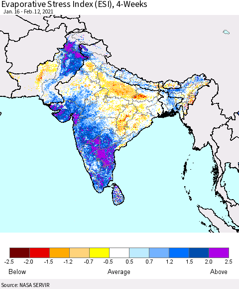 Southern Asia Evaporative Stress Index (ESI), 4-Weeks Thematic Map For 2/8/2021 - 2/14/2021