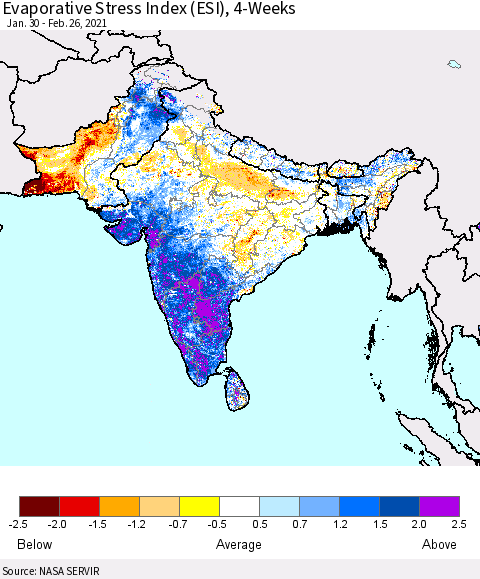 Southern Asia Evaporative Stress Index (ESI), 4-Weeks Thematic Map For 2/22/2021 - 2/28/2021