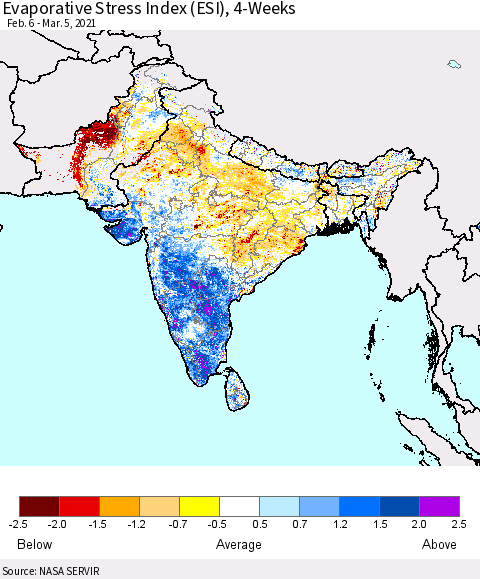 Southern Asia Evaporative Stress Index (ESI), 4-Weeks Thematic Map For 3/1/2021 - 3/7/2021