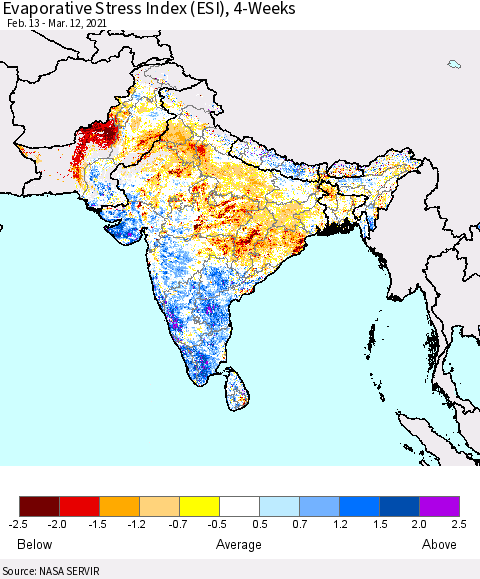 Southern Asia Evaporative Stress Index (ESI), 4-Weeks Thematic Map For 3/8/2021 - 3/14/2021