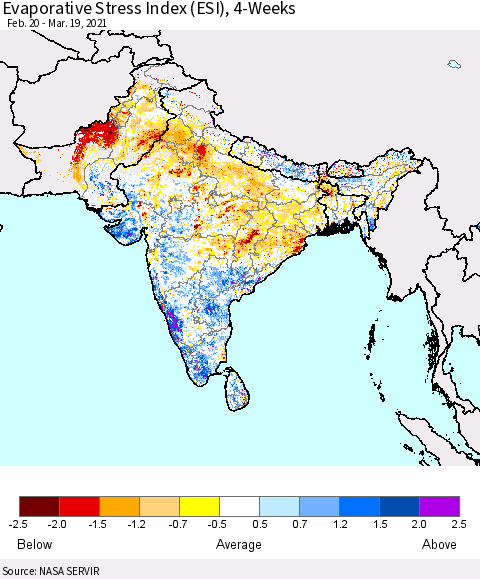 Southern Asia Evaporative Stress Index 4-Weeks (ESI) Thematic Map For 3/15/2021 - 3/21/2021