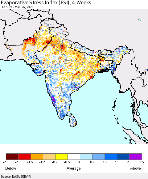 Southern Asia Evaporative Stress Index 4-Weeks (ESI) Thematic Map For 3/22/2021 - 3/28/2021