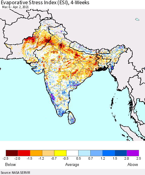 Southern Asia Evaporative Stress Index (ESI), 4-Weeks Thematic Map For 3/29/2021 - 4/4/2021