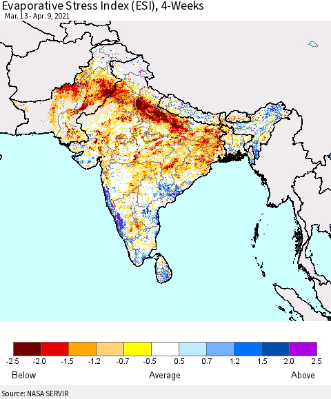 Southern Asia Evaporative Stress Index 4-Weeks (ESI) Thematic Map For 4/5/2021 - 4/11/2021