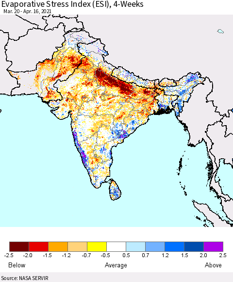 Southern Asia Evaporative Stress Index 4-Weeks (ESI) Thematic Map For 4/12/2021 - 4/18/2021