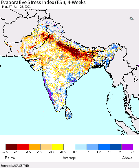 Southern Asia Evaporative Stress Index (ESI), 4-Weeks Thematic Map For 4/19/2021 - 4/25/2021