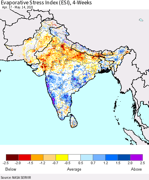 Southern Asia Evaporative Stress Index (ESI), 4-Weeks Thematic Map For 5/10/2021 - 5/16/2021