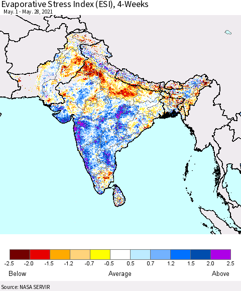 Southern Asia Evaporative Stress Index (ESI), 4-Weeks Thematic Map For 5/24/2021 - 5/30/2021