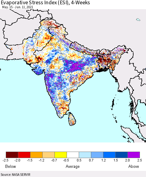 Southern Asia Evaporative Stress Index (ESI), 4-Weeks Thematic Map For 6/7/2021 - 6/13/2021