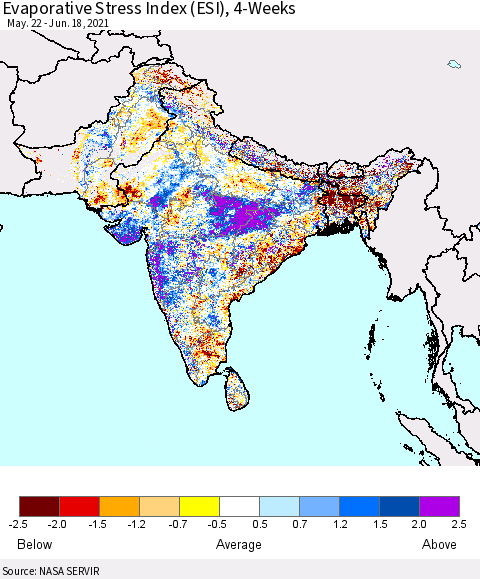 Southern Asia Evaporative Stress Index (ESI), 4-Weeks Thematic Map For 6/14/2021 - 6/20/2021