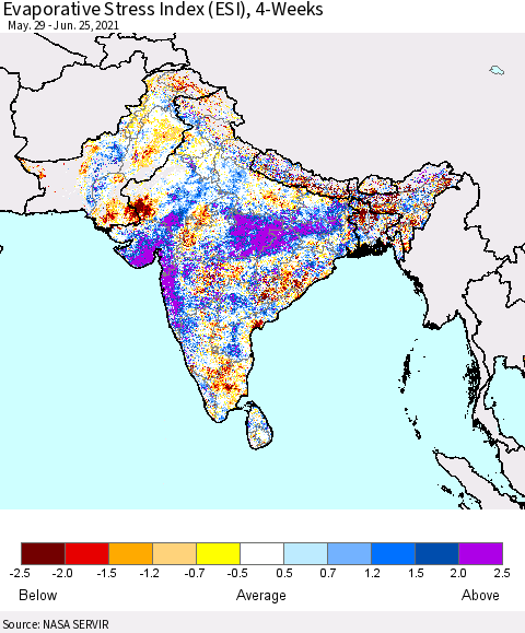 Southern Asia Evaporative Stress Index (ESI), 4-Weeks Thematic Map For 6/21/2021 - 6/27/2021