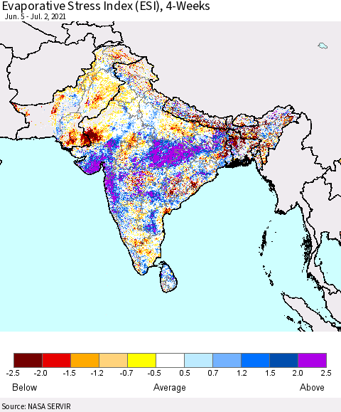 Southern Asia Evaporative Stress Index (ESI), 4-Weeks Thematic Map For 6/28/2021 - 7/4/2021